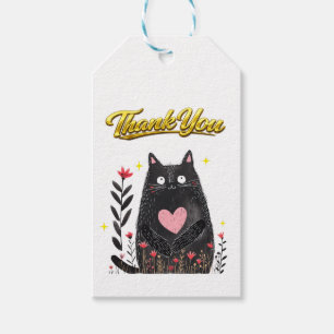Floral Watercolor Black Cat with Heart Thank You Gift Tags