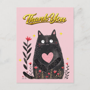 Floral Watercolor Black Cat with Heart Thank You Postcard