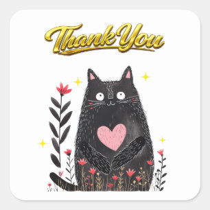 Floral Watercolor Black Cat with Heart Thank You Square Sticker
