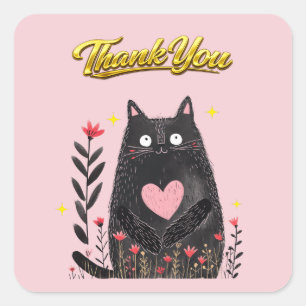 Floral Watercolor Black Cat with Heart Thank You Square Sticker