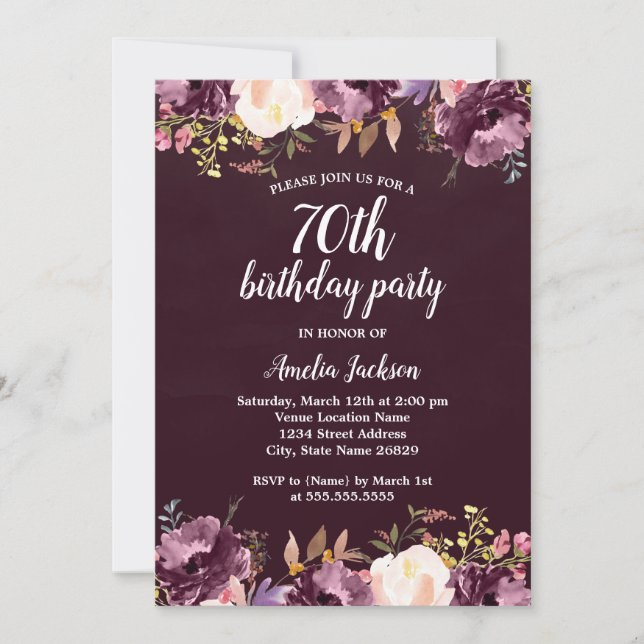 Floral Watercolor Bloom Purple 70th Birthday Party Invitation (Front)