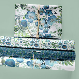 Floral Watercolor Blue Decoupage Gift Wrapping Paper Sheet