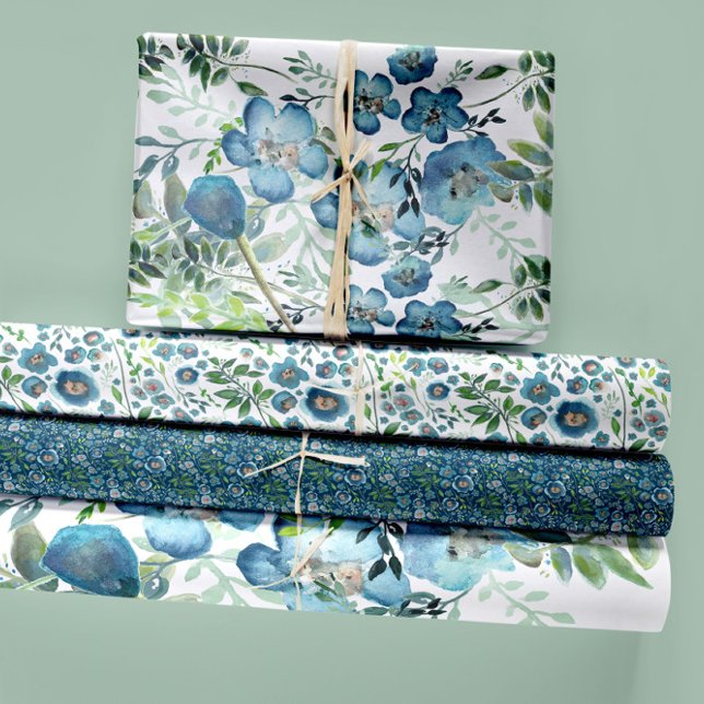Floral Watercolor Blue Decoupage Gift Wrapping Paper Sheet (Watercolor Stylish Elegant Floral Greenery Wrapping Paper Sheets. Jenn Steffen-Studio Posies. )