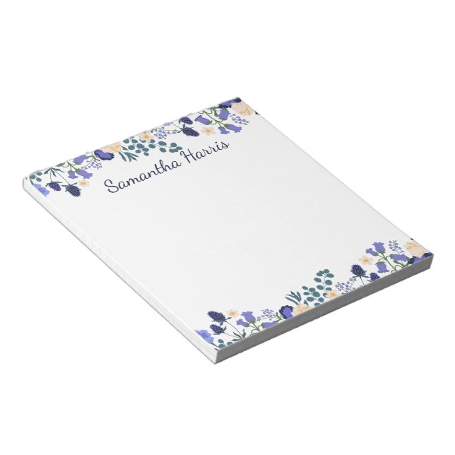 Floral Watercolor Blue Flowers Custom Name Notepad (Angled)