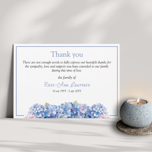 Floral watercolor blue hydrangea funeral thank you card (Funeral thank you card from family with floral botanical details and color frame, blue hortensia)