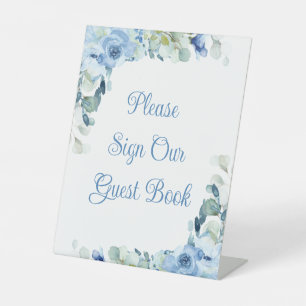 Floral Watercolor Blue Roses Wedding Guestbook  Pedestal Sign