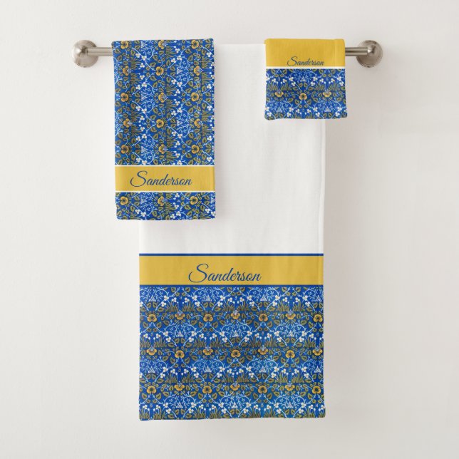  Floral Watercolor Blue Yellow Monogram  Bath Towel Set (Insitu)