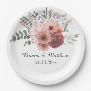 Floral Watercolor Blush Beige Wedding Paper Plate