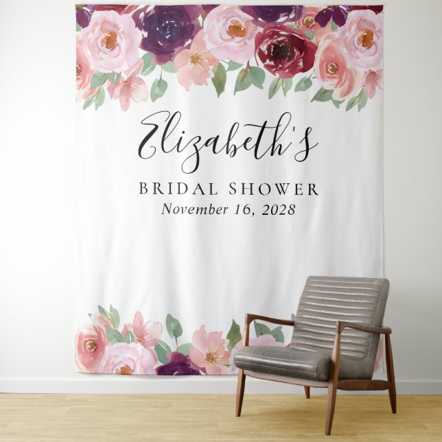 Floral Watercolor Blush Burgundy Bridal Shower Tapestry (In Situ)
