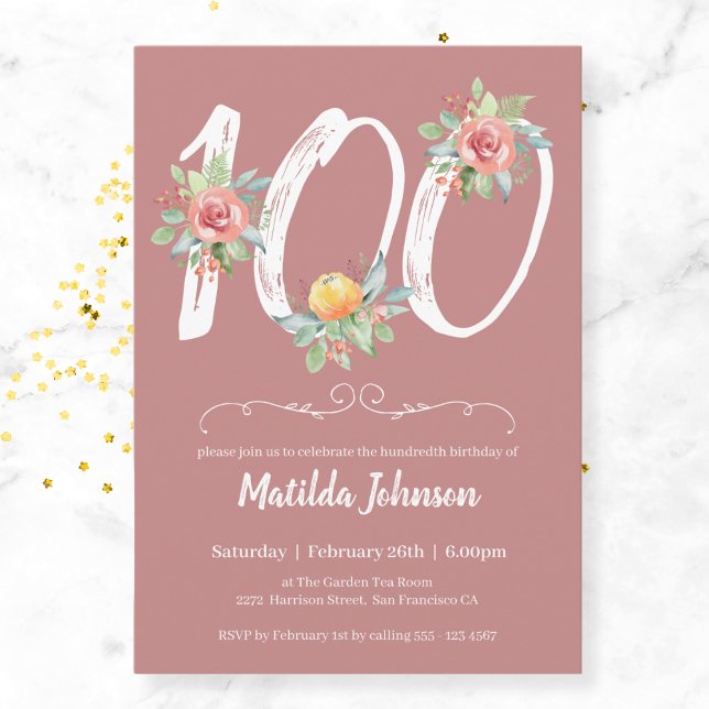 Floral Watercolor Blush Pink 100th Birthday Party  Invitation (Mockup View)