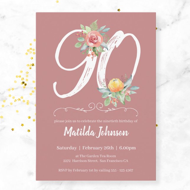 Floral Watercolor Blush Pink 90th Birthday Party  Invitation (Mockup View)