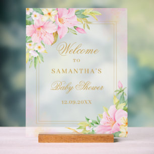 Floral Watercolor Blush Pink Baby Shower Welcome Acrylic Sign
