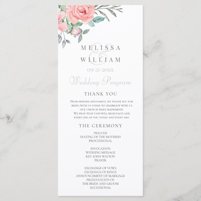 Floral Watercolor Blush Wedding Programme (Front)