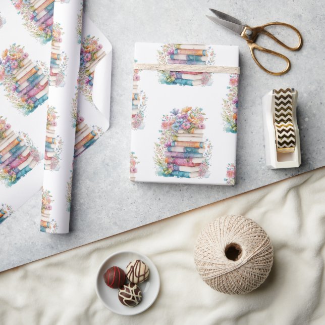 Floral Watercolor Books Wrapping Paper (Crafts)