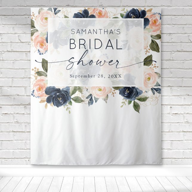 Floral Watercolor Botanical Bridal Shower  Tapestry (Blush pink and navy blue floral botanical watercolor bridal shower tapestry for the perfect backdrop)