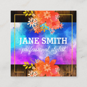 Floral Watercolor Bouquet Gold Border Rustic Wood Square Business Card