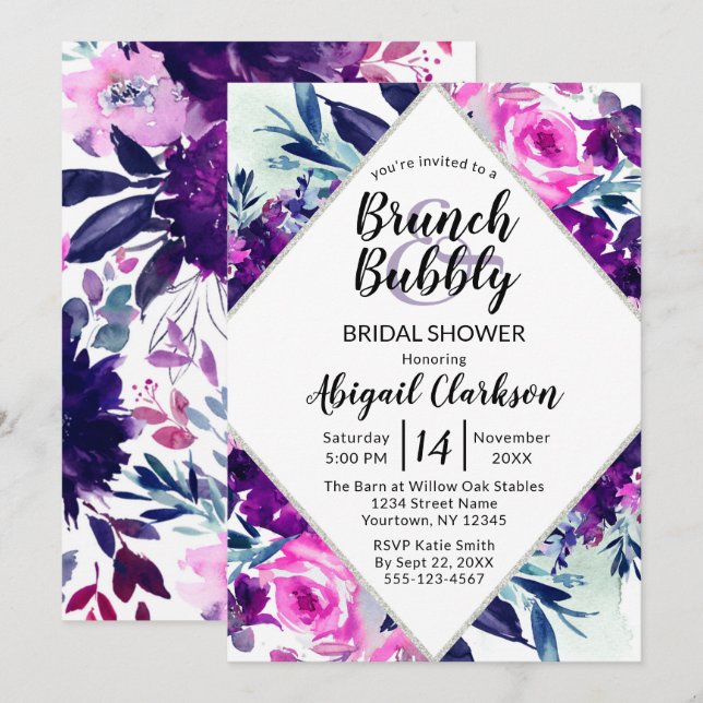 Floral Watercolor Brunch & Bubbly Bridal Shower Invitation (Front/Back)
