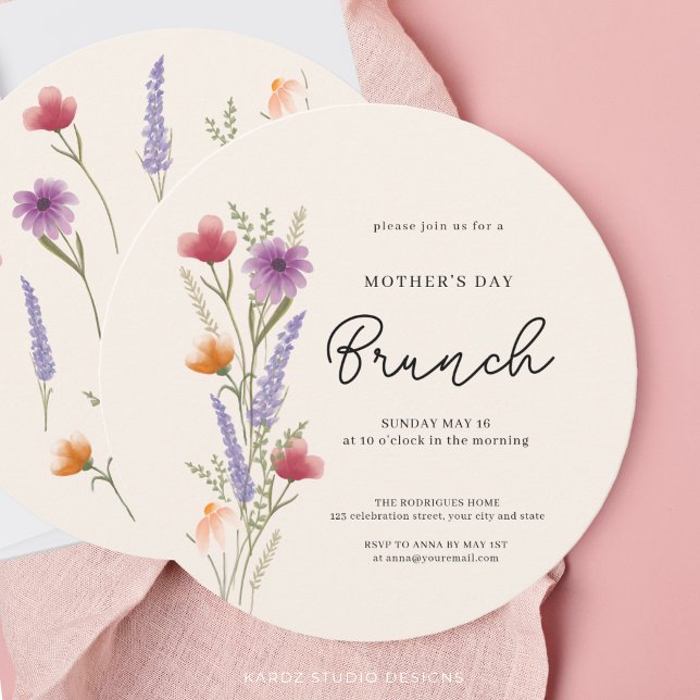 Floral Watercolor Brunch Mothers Day Invitation (Front and back of round invitation in 5.25 inches. )