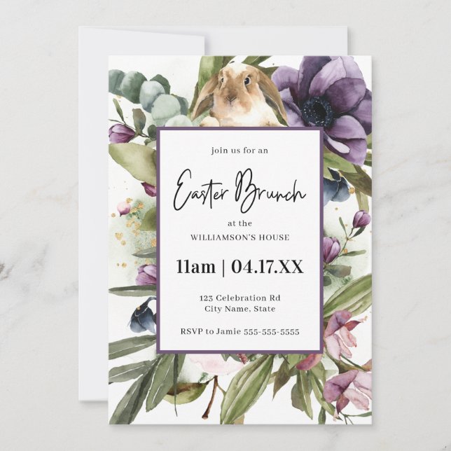 Floral Watercolor Bunny Easter Brunch Invitation (Front)