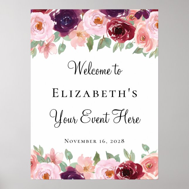 Floral Watercolor Burgundy Blush Any Event Poster (Front)
