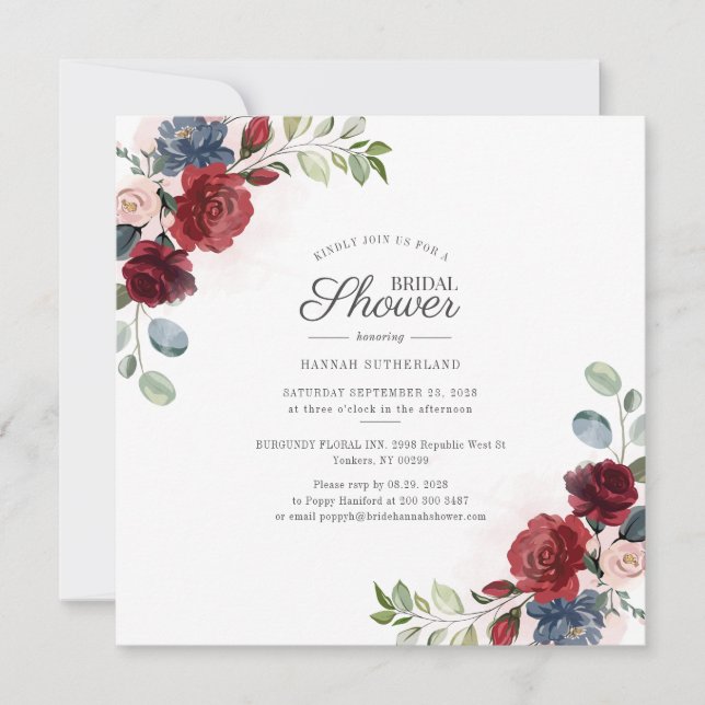 Floral Watercolor Burgundy Blush Bridal Shower Invitation (Front)