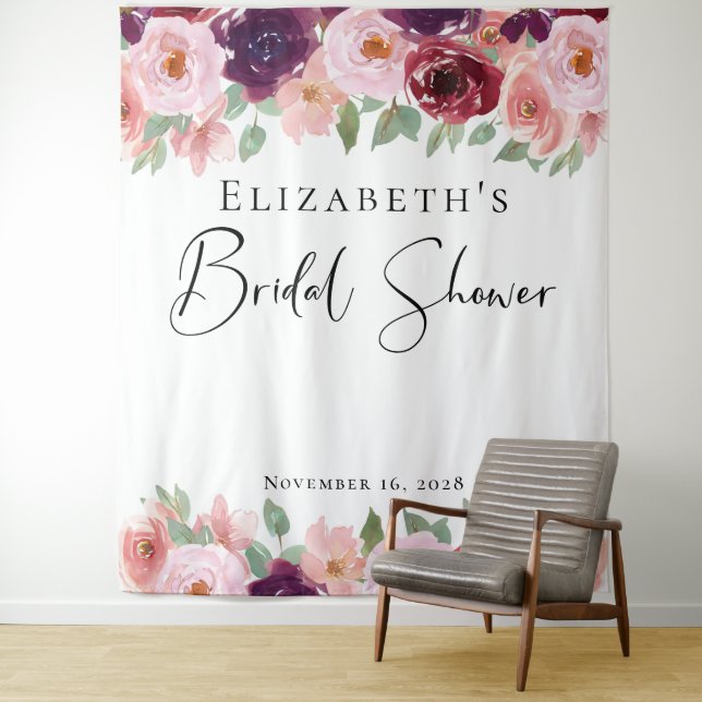 Floral Watercolor Burgundy Blush Bridal Shower Tapestry (In Situ)