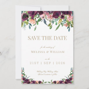 Floral Watercolor Burgundy Gold Floral Wedding Save The Date