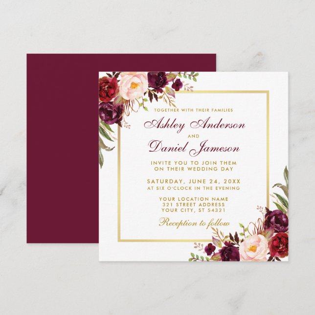 Floral Watercolor Burgundy Gold Wedding Card SB (Front/Back)