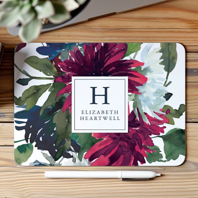 Floral Watercolor Burgundy Navy Blue Monogram Mouse Pad (Creator Uploaded)