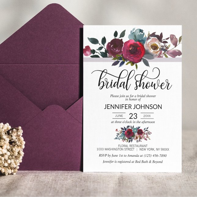 Floral Watercolor Burgundy Purple Bridal Shower Invitation (Creator Uploaded)