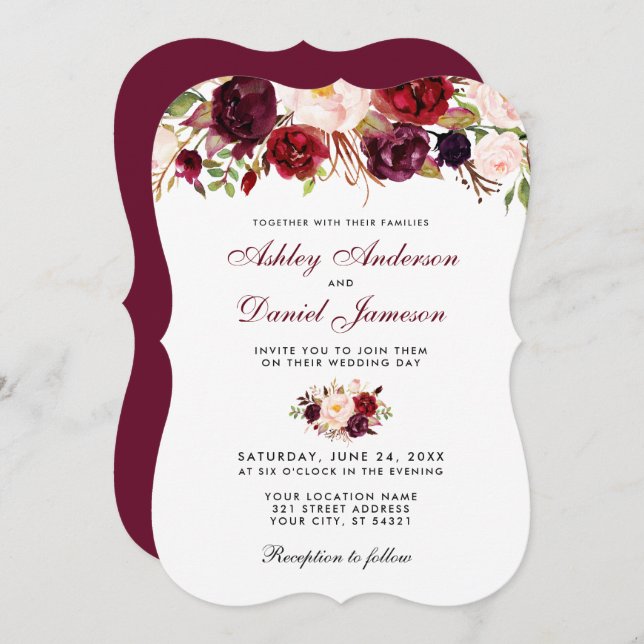 Floral Watercolor Burgundy Wedding Invitation B (Front/Back)