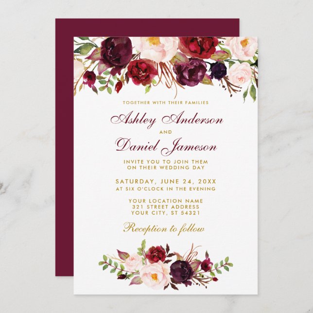 Floral Watercolor Burgundy Wedding Invitation BG (Front/Back)