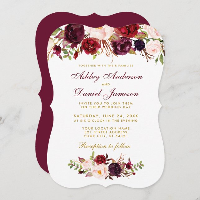 Floral Watercolor Burgundy Wedding Invitation GBB (Front/Back)