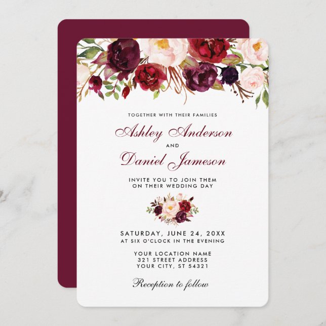 Floral Watercolor Burgundy Wedding Invitation R (Front/Back)