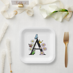 Floral Watercolor Butterfly Monogram Letter A Paper Plate