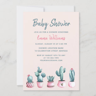 Floral Watercolor Cactus Pink Girl Baby Shower Invitation