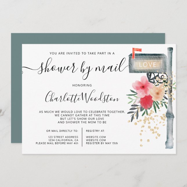 Floral watercolor cancelled shower by mail box invitation (Front/Back)