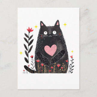 Floral Watercolor Chubby Black Cat with Pink Heart Postcard