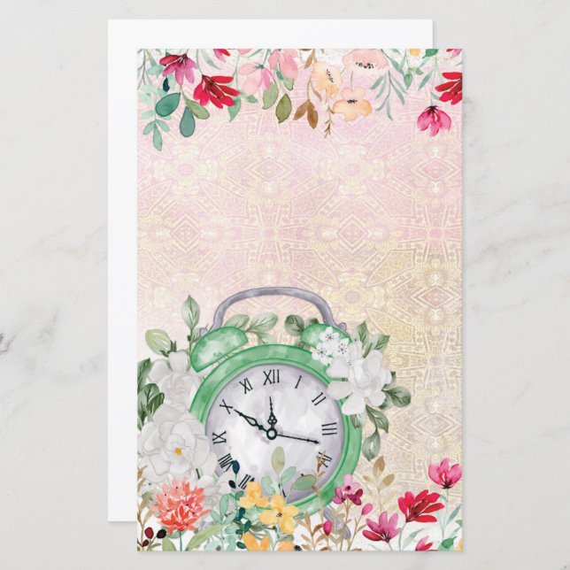 Floral watercolor clock decoupage scrapbook pape (Front/Back)