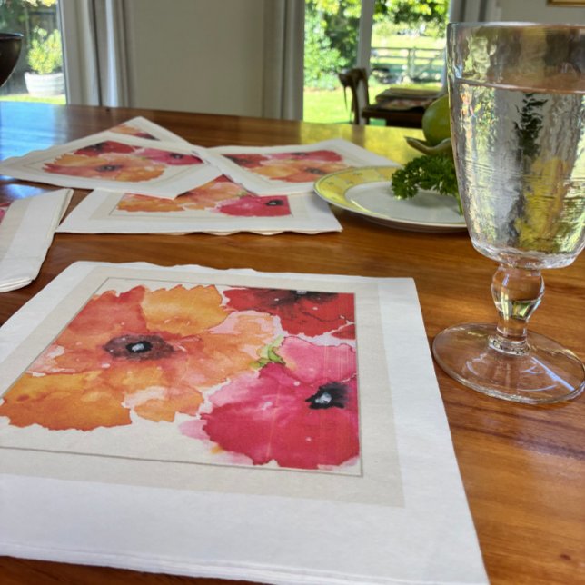 Floral Watercolor Cocktail Napkins | Garden Party  (Bright watercolor poppy napkin for stylish entertaining and garden-party tables.)