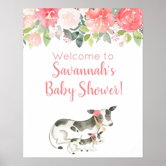 Floral Watercolor Cows Girl Baby Shower Sign (Front)