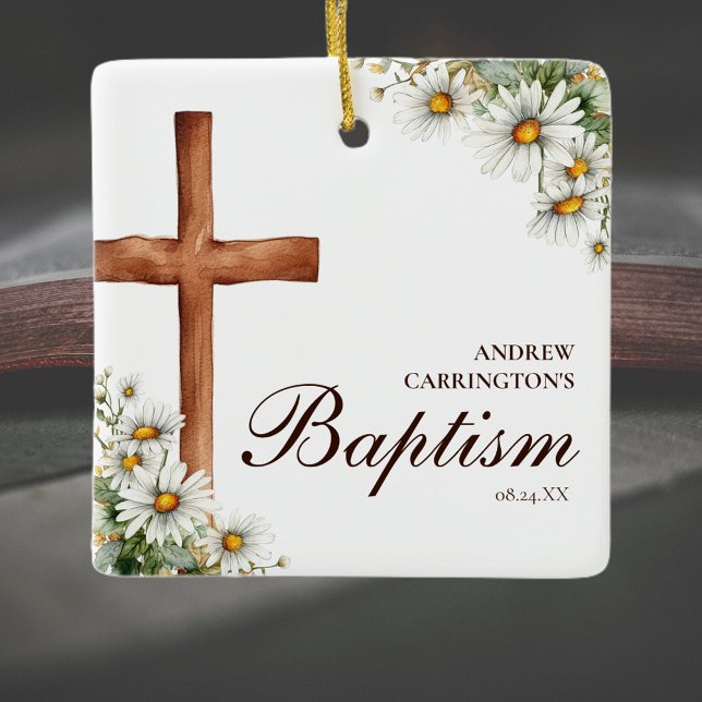 Floral Watercolor Cross Baptism Ceramic Ornament (Creator Uploaded)