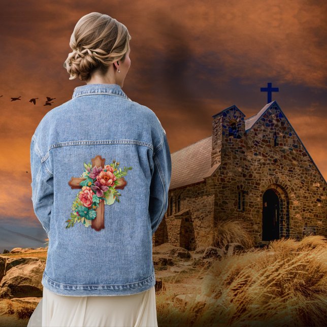 Floral Watercolor Cross Denim Jacket (Creator Uploaded)