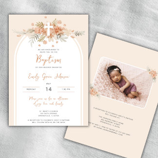 Floral Watercolor Cross Peach Baptism Photo Invitation