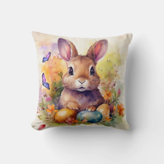 Floral Watercolor Cute Easter Bunny  Cushion