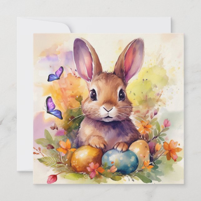 Floral Watercolor Cute Easter Bunny  Holiday Card (Front)