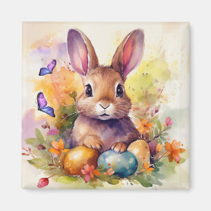Floral Watercolor Cute Easter Bunny Magnet