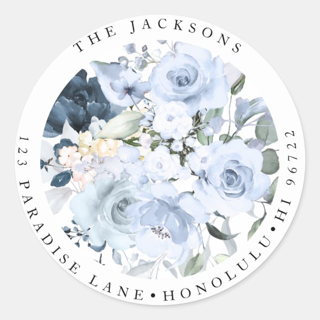 Floral Watercolor Dusty Blue Roses Classic Round Sticker (Front)