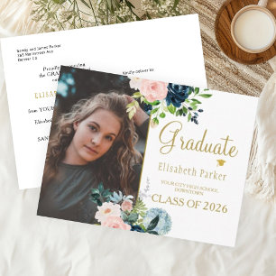 Floral watercolor elegant photo graduation announcement postcard