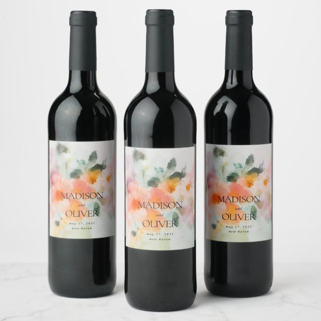 Floral Watercolor Elegant Romantic Luxury Wedding Wine Label (Bottles)